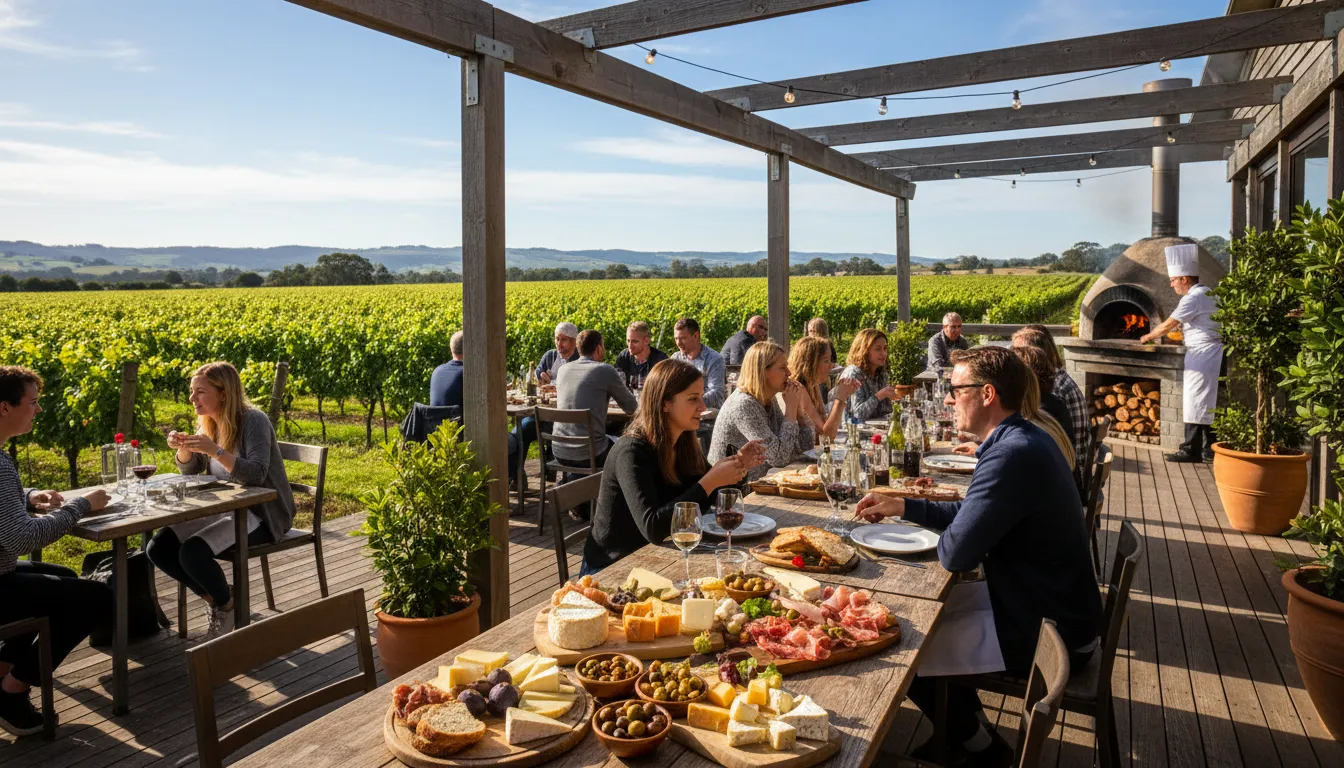 Image: A vibrant scene at a bustling Swan Valley winery restaurant. People are enjoying outdoor dining on a sunny deck overlooking rows of grapevines. Platters of local cheese, olives, and charcuterie are visible on tables, alongside glasses of wine. In the background, a chef is seen tending to a wood-fired oven.
