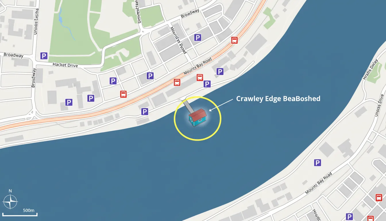Image: A modern digital map highlighting the location of the Crawley Edge Boatshed on the Swan River, with surrounding roads, bus stops, and designated parking areas clearly marked.