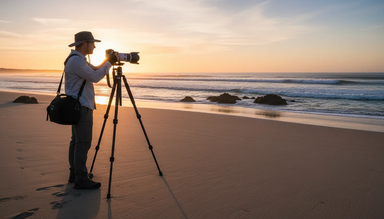 Image: A professional photographer on a sandy beach in Western Australia at sunrise, holding a weather-sealed full-frame mirrorless camera with a wide-angle lens mounted on a sturdy carbon fiber tripod. The Indian Ocean stretches into the distance with soft, golden light.