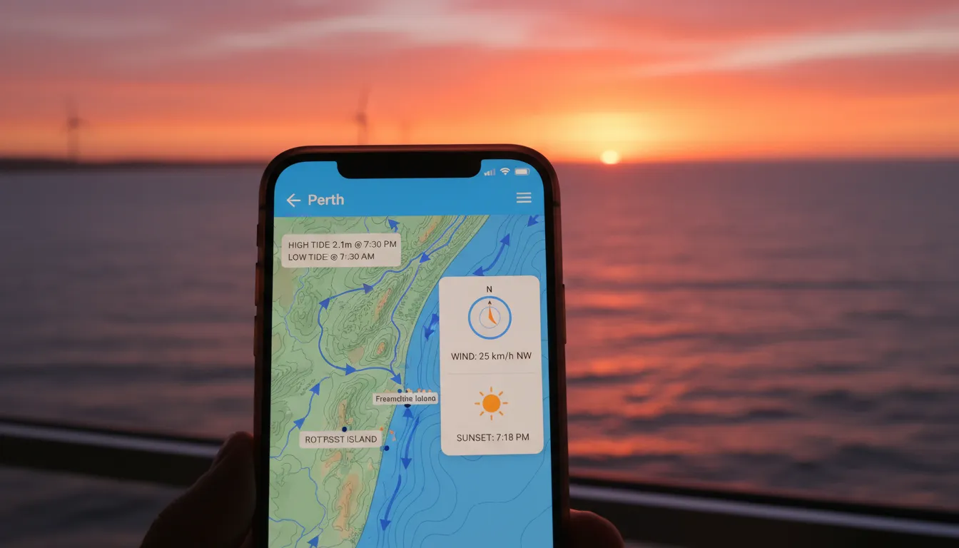 Image: A smartphone screen displaying a detailed weather and tide tracking app, showing a map of the Perth coastline with tide levels, wind direction, and sunset times. In the background, out of focus, is a stunning, clear sunset over the Indian Ocean.