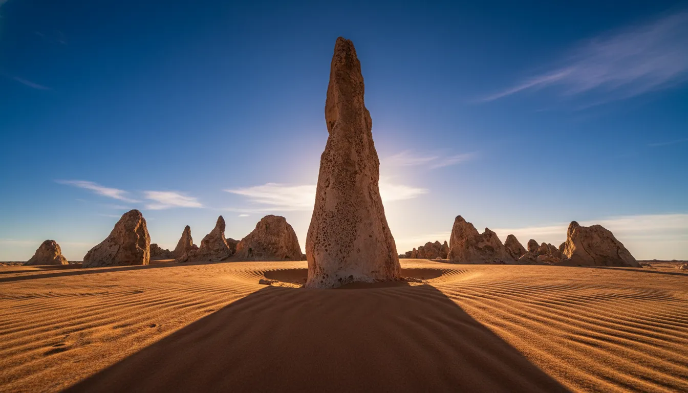 Image: A stunning low-angle photograph of a cluster of pinnacles, with one prominent, tall limestone spire dominating the foreground. Leading lines formed by sand ripples converge towards the main pinnacle. The sky is a deep blue, and the overall composition emphasizes depth and scale.