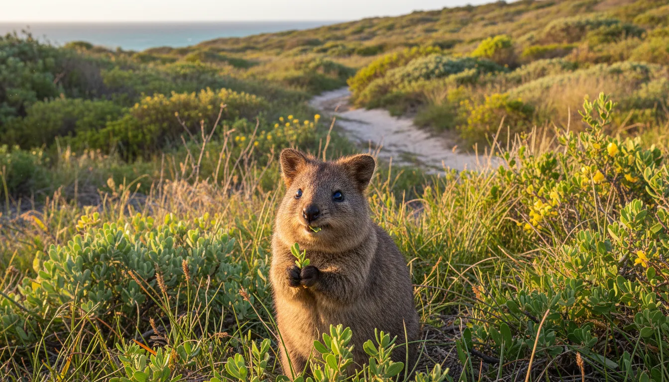 Image: A quokka peacefully grazing in its natural habitat on Rottnest Island, with lush green scrubland and a glimpse of a dirt path. The quokka is looking inquisitively towards the camera, but maintaining a natural distance.