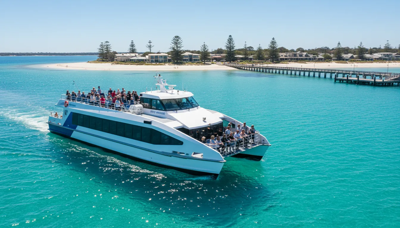 Image: A modern, sleek ferry approaching the main jetty at Thomson Bay, Rottnest Island, on a sunny day. The ferry is filled with passengers, some standing on the deck looking out. The water is sparkling turquoise, and the white sandy beach of Thomson Bay with a few palm trees and low buildings is visible in the background.