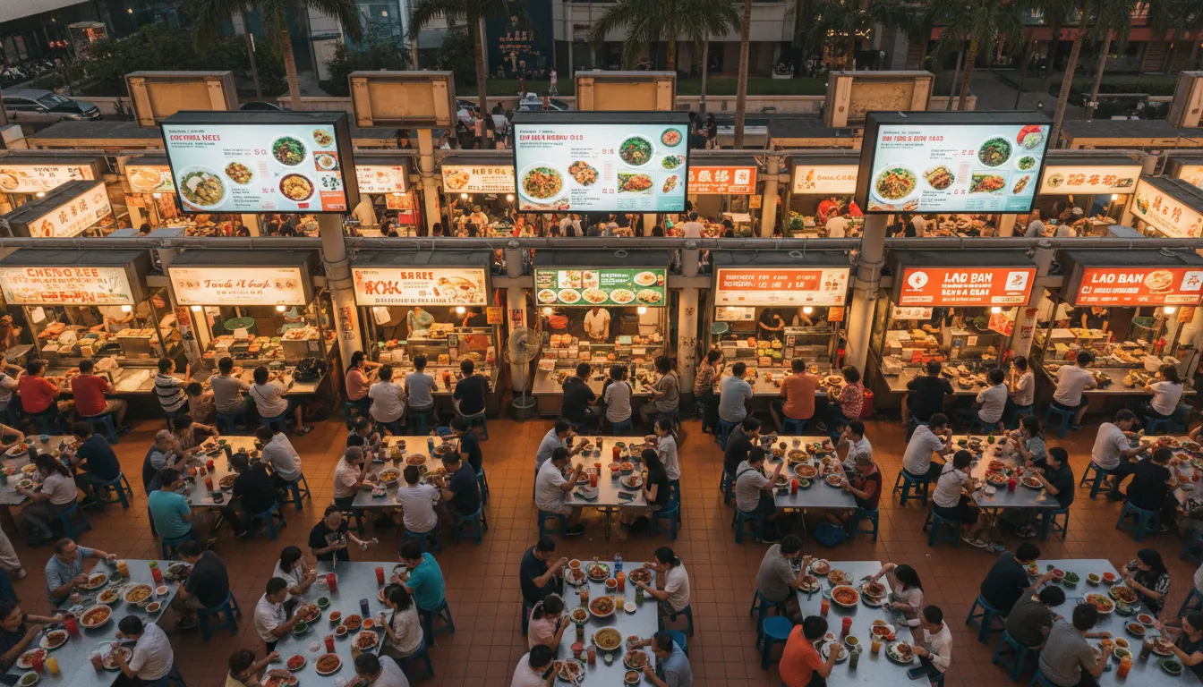 Image: A vibrant, overhead shot of a bustling Singapore hawker centre, with various food stalls illuminated, people dining at communal tables, and a few digital screens showing food menus.