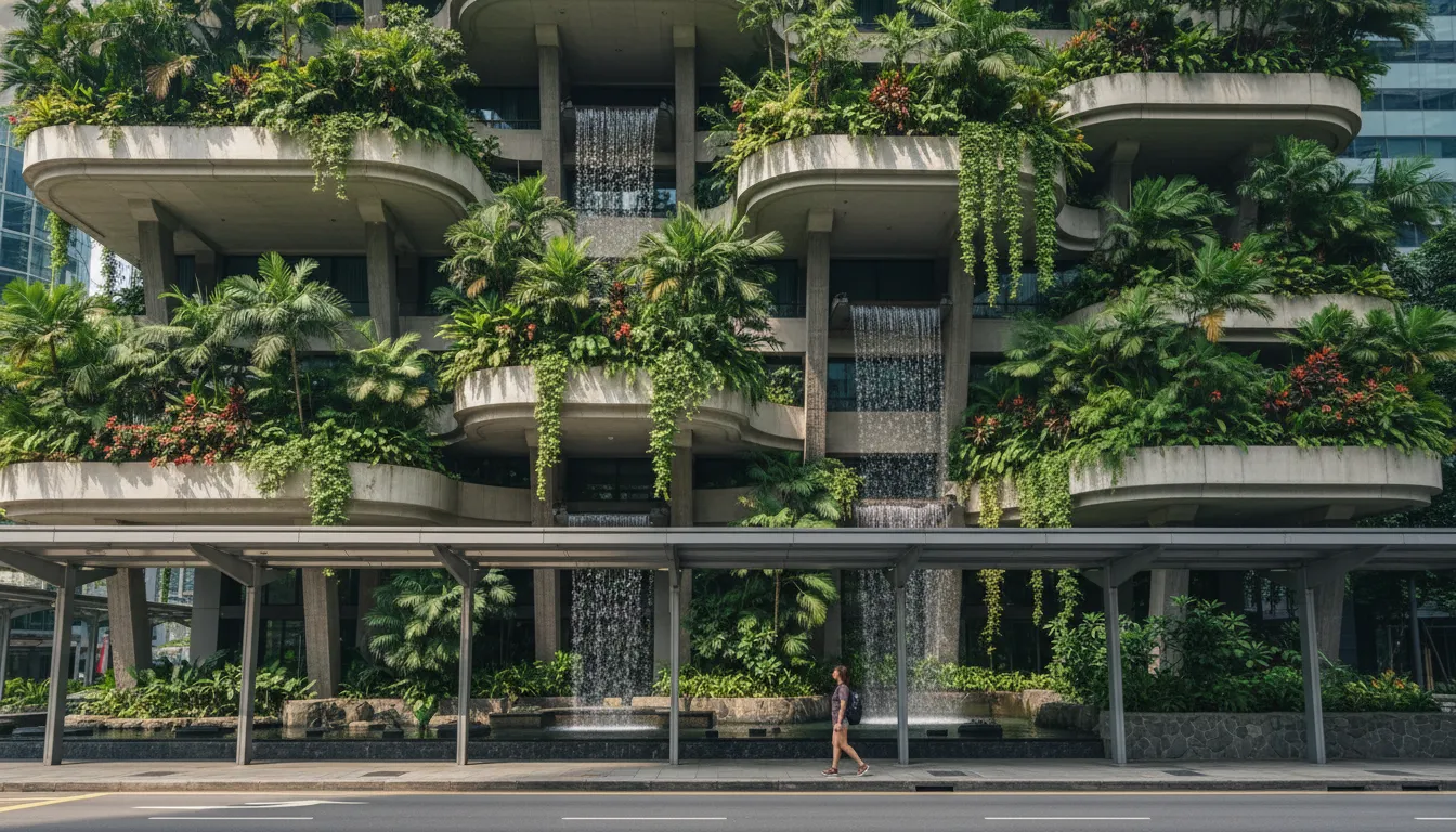 Image: An eye-level shot of the Parkroyal Collection Pickering hotel in Singapore, highlighting its unique 