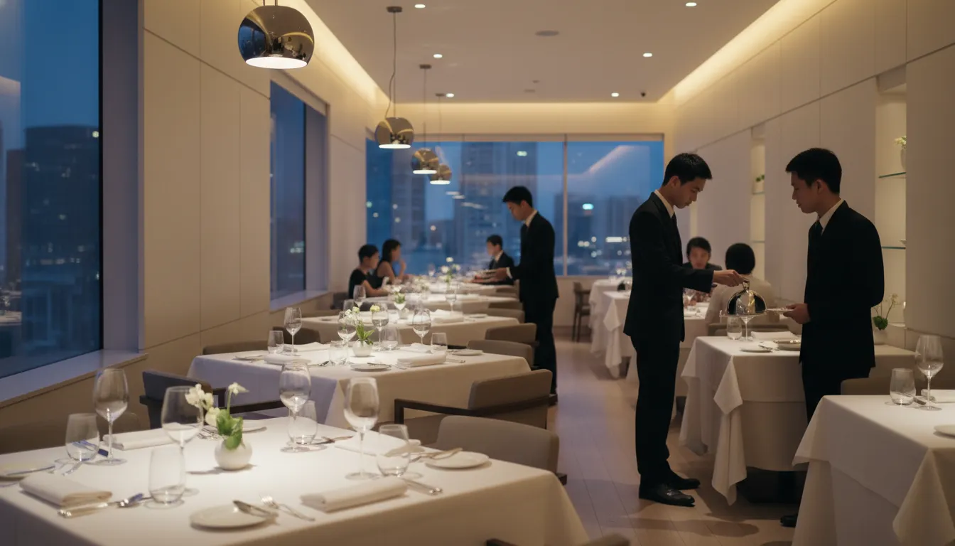 Image: A serene and elegant fine dining restaurant interior in Singapore, featuring crisp white tablecloths, modern minimalist decor, soft lighting, and discreetly attentive waitstaff.