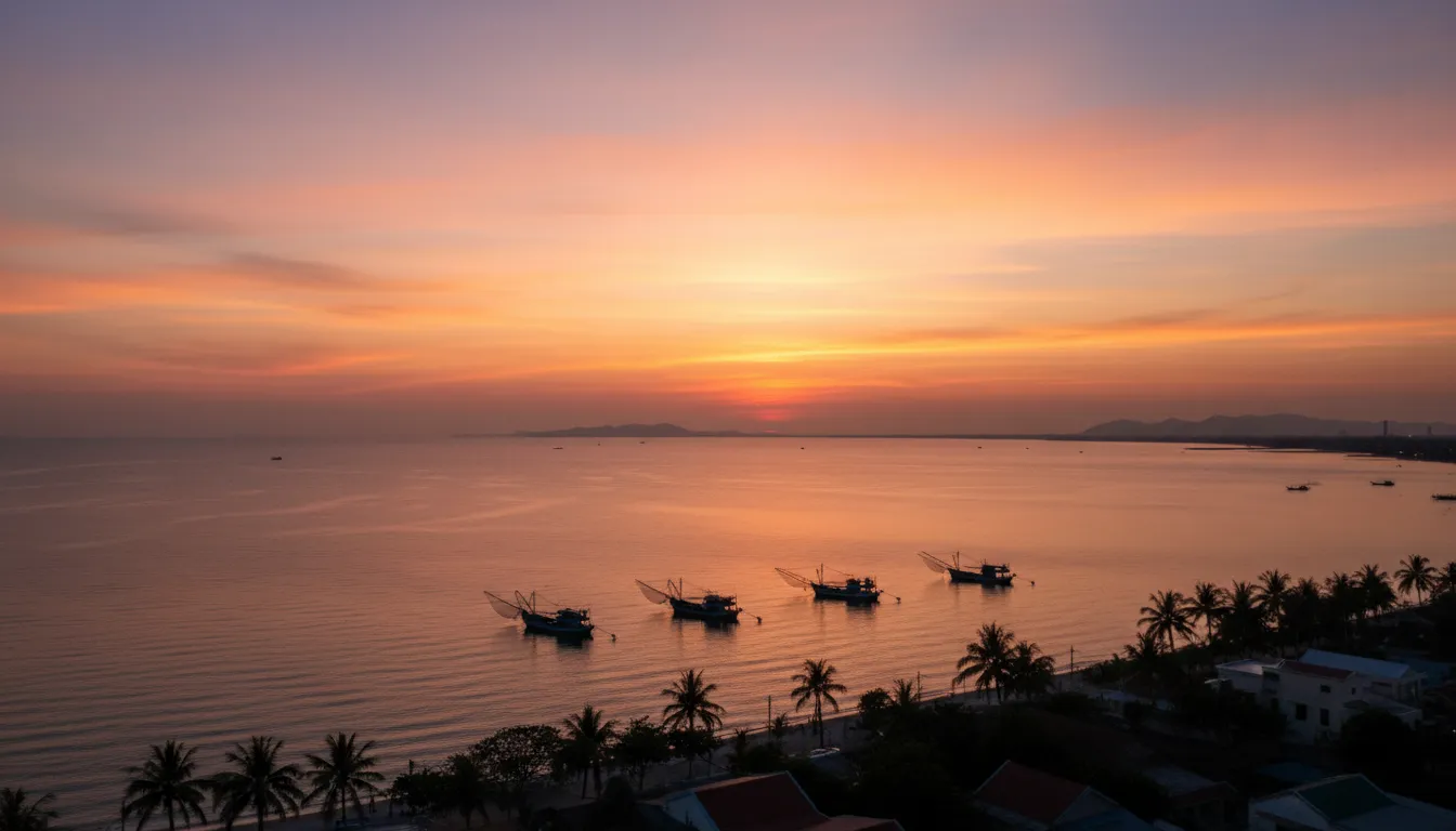 Image: A panoramic sunset view over the tranquil waters of the Gulf of Thailand from a viewpoint in Ha Tien, Vietnam. The sky is ablaze with warm orange, pink, and purple hues, reflecting on the calm water. In the foreground, silhouetted traditional fishing boats dot the horizon, and the distant outline of the Cambodian coastline is visible, encapsulating the serene beauty and cross-border connection of the region.