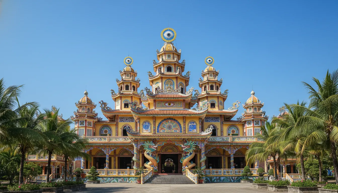 Image: A wide shot of the Cao Dai Holy See in Tay Ninh, Vietnam, showcasing its vibrant, multi-colored exterior, intricate dragon sculptures, and onion-domed towers under a clear blue sky.