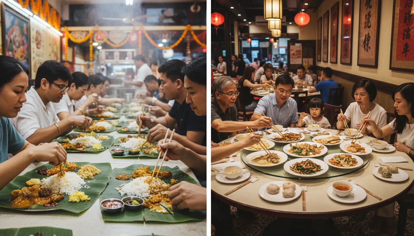 Image: A split image or collage showing two distinct dining scenes. On one side, a vibrant Indian restaurant in Little India with people eating a banana leaf meal with their right hands. On the other side, a bustling Chinese restaurant in Chinatown, showing a family sharing dishes with chopsticks, demonstrating good chopstick etiquette.