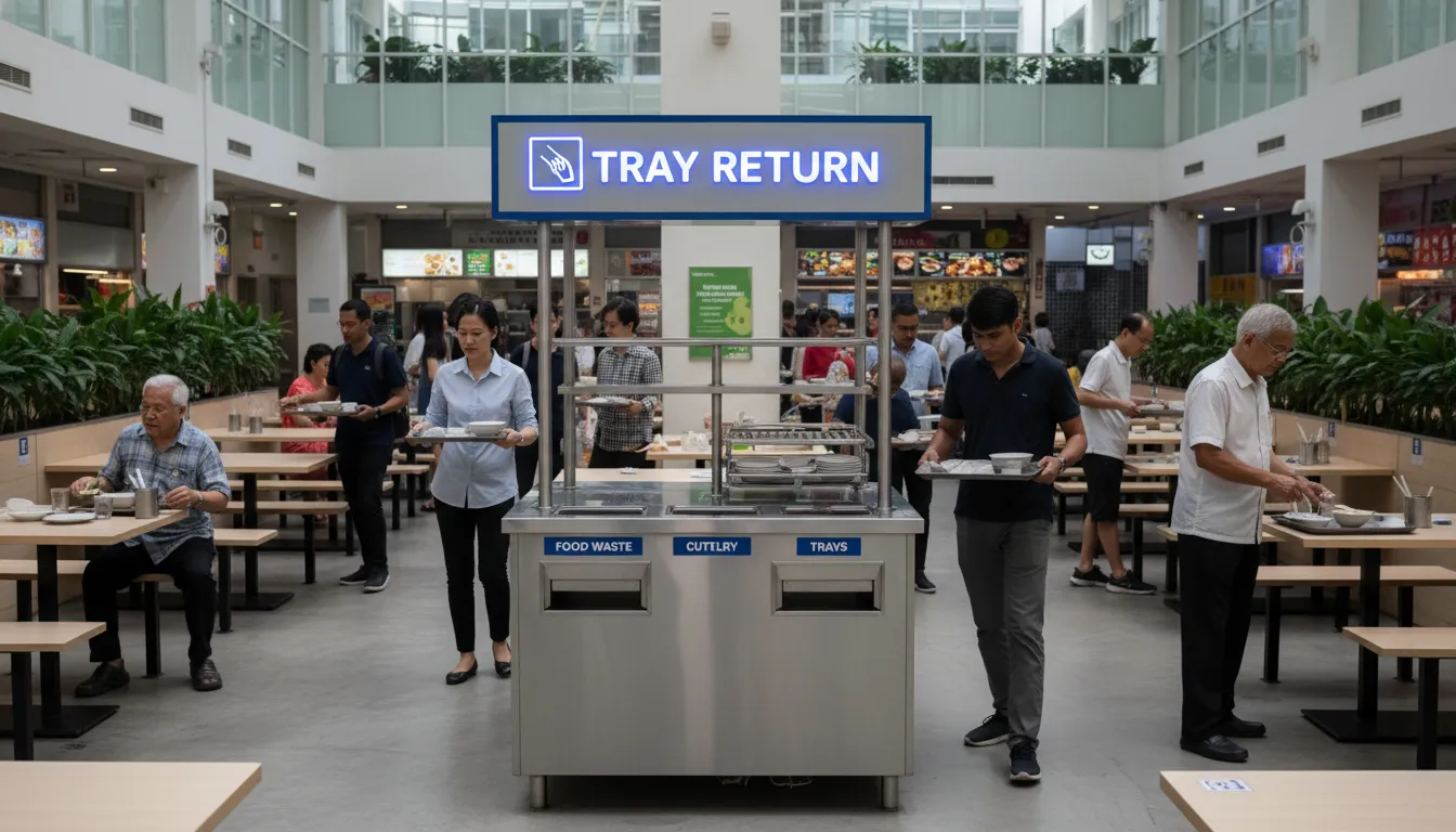 Image: A clean, modern Singaporean food court with a clearly marked 