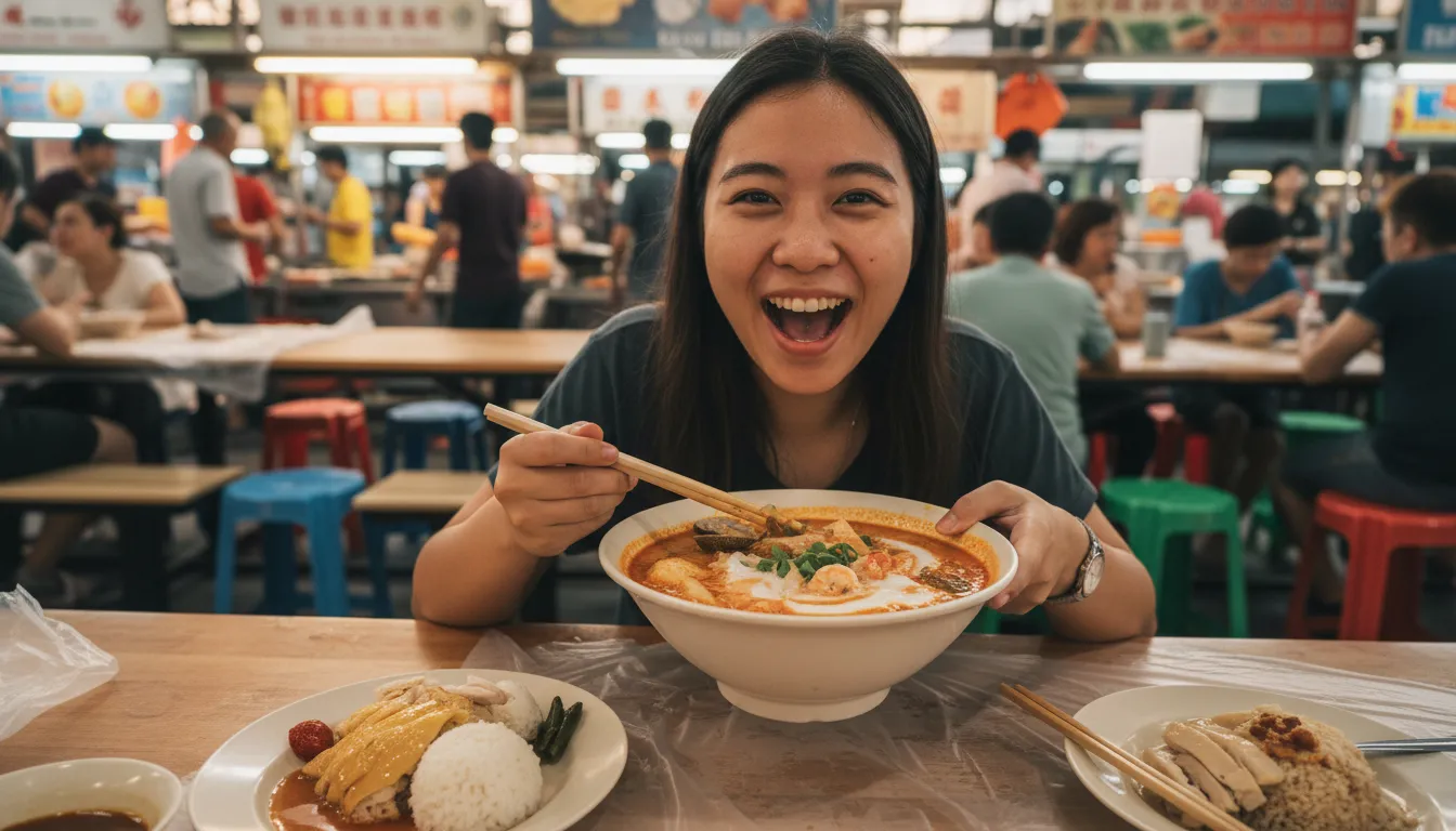 Image: A person with a look of pure joy and satisfaction, holding a bowl of steaming Laksa or a plate of Hainanese Chicken Rice, while sitting at a communal table in a vibrant Singaporean hawker centre. The background is slightly blurred, focusing on the person and their food, conveying the delightful experience of eating.