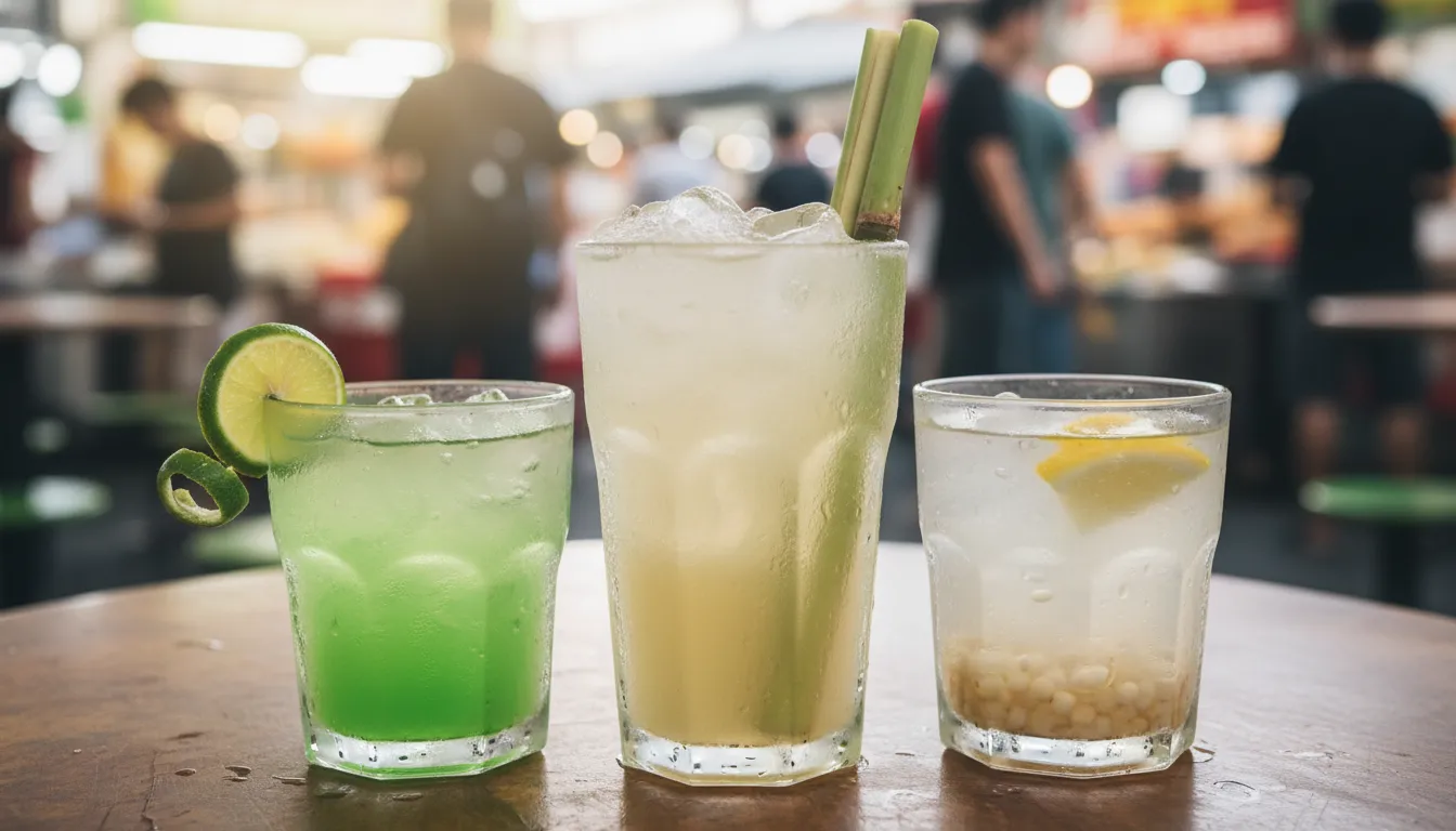Image: A close-up shot of several refreshing tropical drinks in Singapore. This could include a glass of freshly squeezed sugar cane juice with ice, a vibrant lime juice, and a traditional barley water, all condensation-covered and looking cool and inviting against a blurred background of a bustling street or hawker centre.