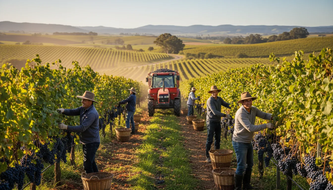 Image: A vibrant and active scene during grape harvest season in the Barossa Valley. Workers are carefully hand-picking ripe purple grapes from lush green vines under a bright, sunny sky. Tractors with trailers full of grapes are visible in the background, moving through the rows. The distant hills are hazy and warm.