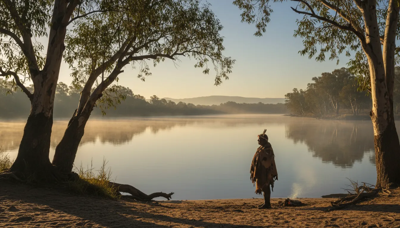 Image: A serene riverside scene on the Swan River (Derbarl Yerrigan) with ancient paperbark trees reflected in calm waters, and a subtle silhouette of a Noongar elder in traditional attire observing the landscape. The sunlight is soft and golden, hinting at deep spiritual connection.