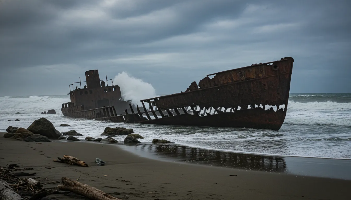 Image: A dramatic shot of the Ethel Shipwreck on a rugged beach at low tide, with crashing waves in the background and a moody, overcast sky. The rusted iron hull is partially visible, emphasizing its historical and powerful presence.