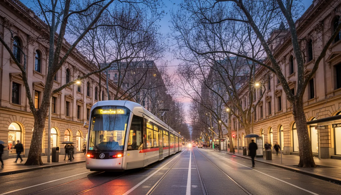 Image: A modern, sleek Adelaide tram brightly lit at dusk, gliding along a tree-lined street in the CBD. Historic sandstone buildings line the street, and a few pedestrians are visible on the footpath. The scene conveys efficient urban transport and a pleasant city atmosphere.