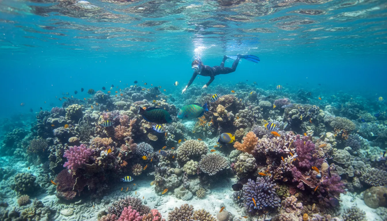 Image: A stunning underwater shot from Turquoise Bay, showing a snorkeler gracefully drifting over a vibrant coral garden teeming with colourful fish (like parrotfish and angelfish). The water is crystal clear, and sunlight streams through the surface.