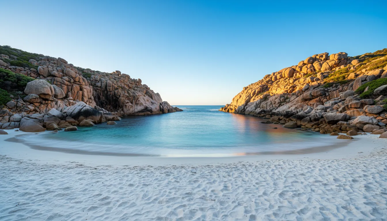 Image: A secluded Hellfire Bay in Cape Le Grand National Park, featuring rugged granite rock formations contrasting with calm, deep blue ocean water. A small, pristine white sand beach is visible in the foreground. The sky is clear and bright.