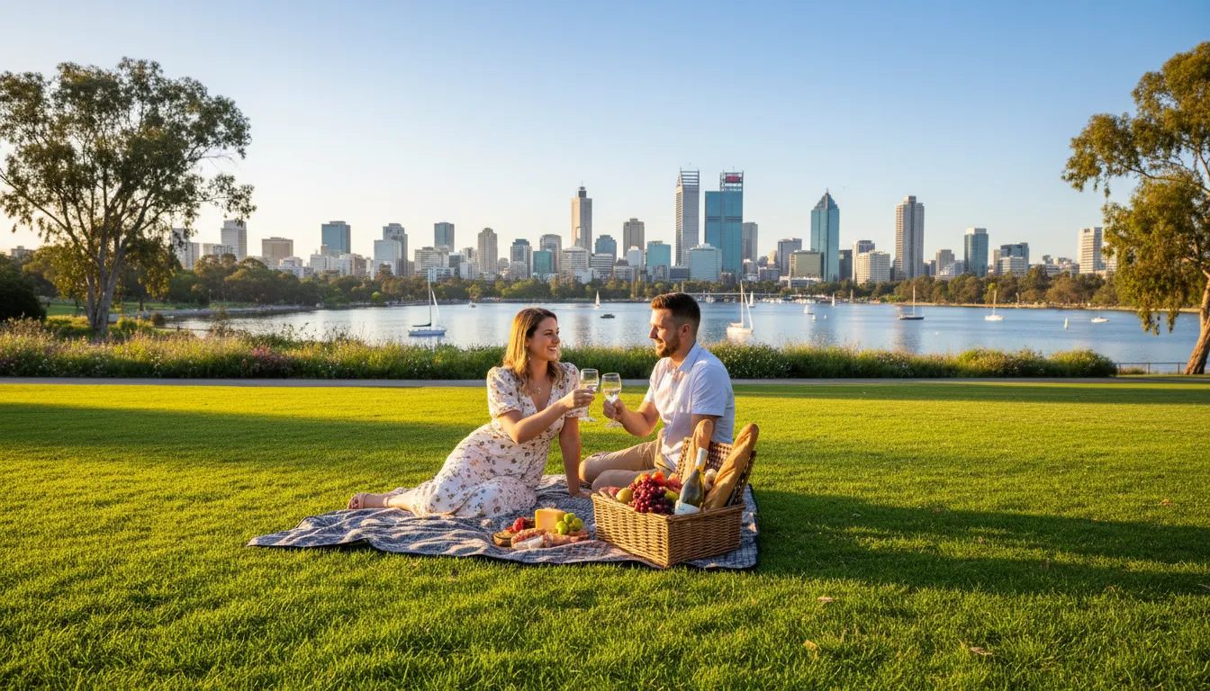 Image: A couple enjoying a gourmet picnic on a lush green lawn in Kings Park, with the Perth city skyline and Swan River visible in the background on a sunny day.