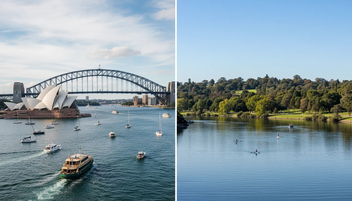 Image: A split image comparing Sydney Harbour (left) with the iconic Opera House and Harbour Bridge, bustling with boats, against Perth