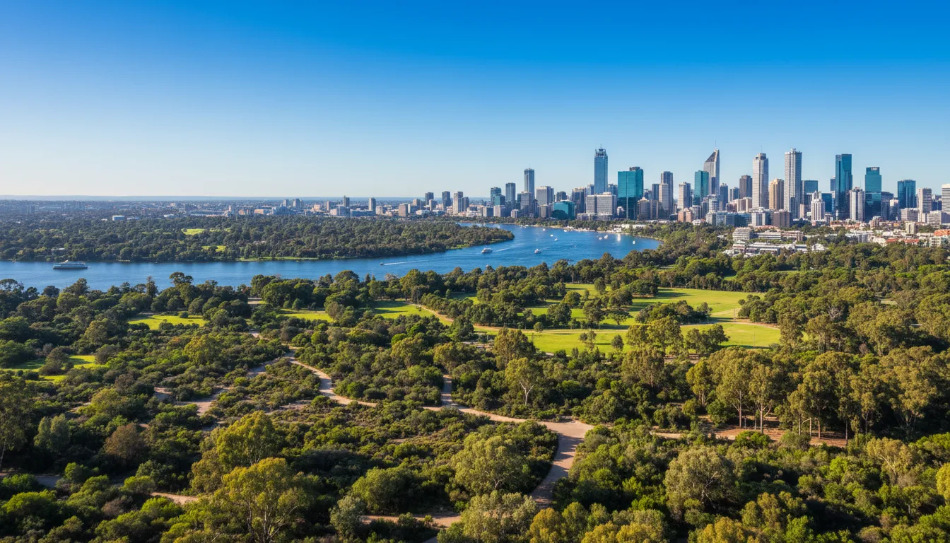 Image: A breathtaking panoramic view of Kings Park in Perth, showcasing its vast expanse of green bushland, the winding Swan River, and the modern Perth city skyline shimmering under a clear blue sky.