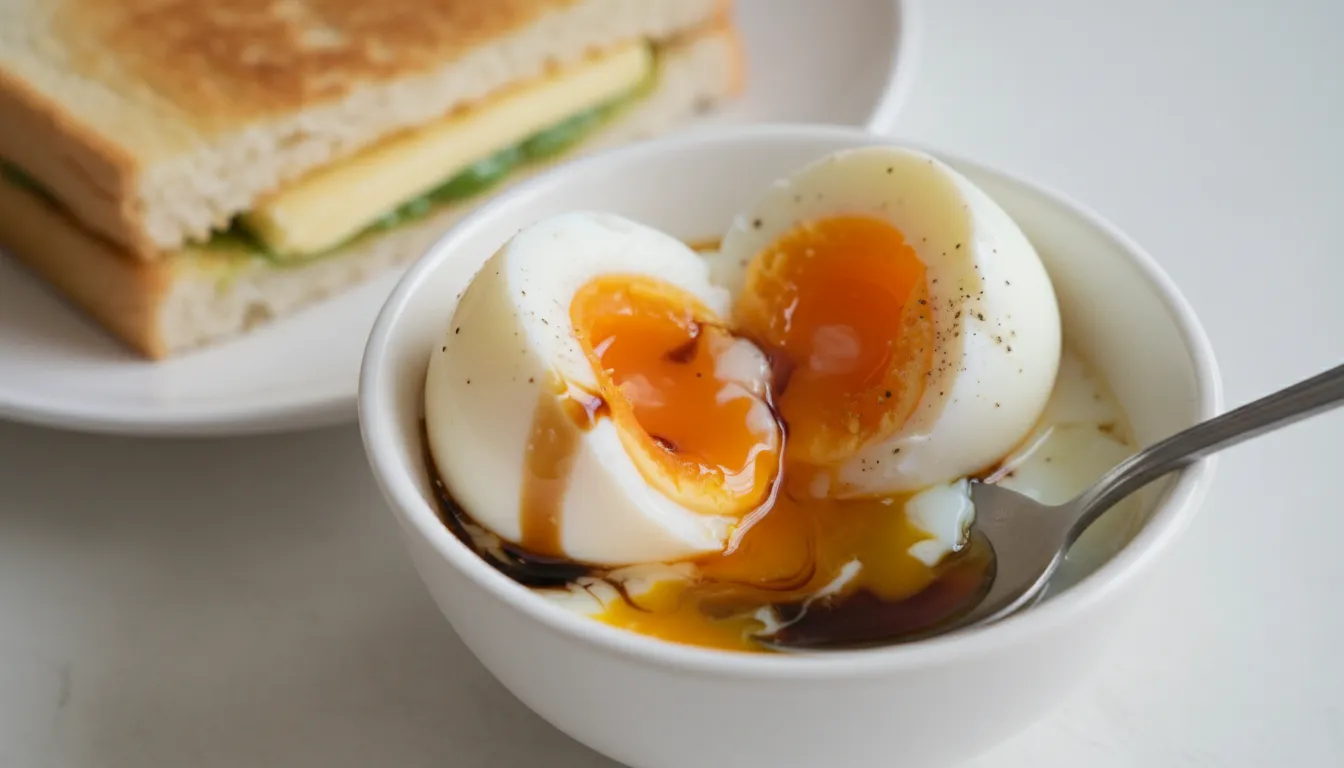 Image: A close-up, overhead shot of two perfectly soft-boiled eggs cracked open in a small white bowl, with dark soy sauce drizzled over them and white pepper sprinkled on top. A small spoon rests in the bowl, and a blurred piece of golden kaya toast is visible in the background, ready for dipping.