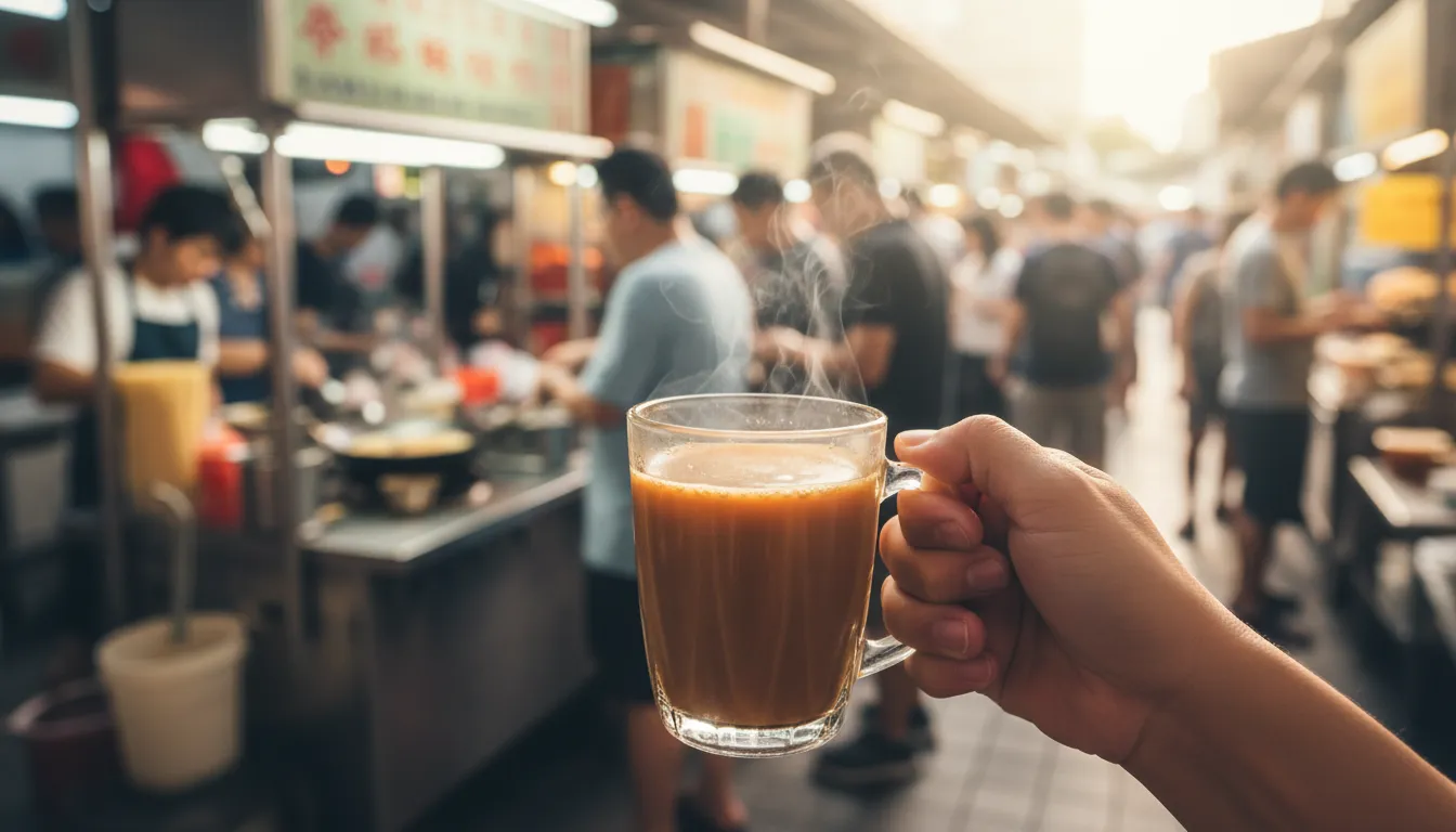 Image: A close-up shot of a hand holding a traditional glass cup of Kopi-C, with steam gently rising. The background is blurred to show the vibrant activity of a Singaporean hawker centre in the morning, with various food stalls and people queuing.