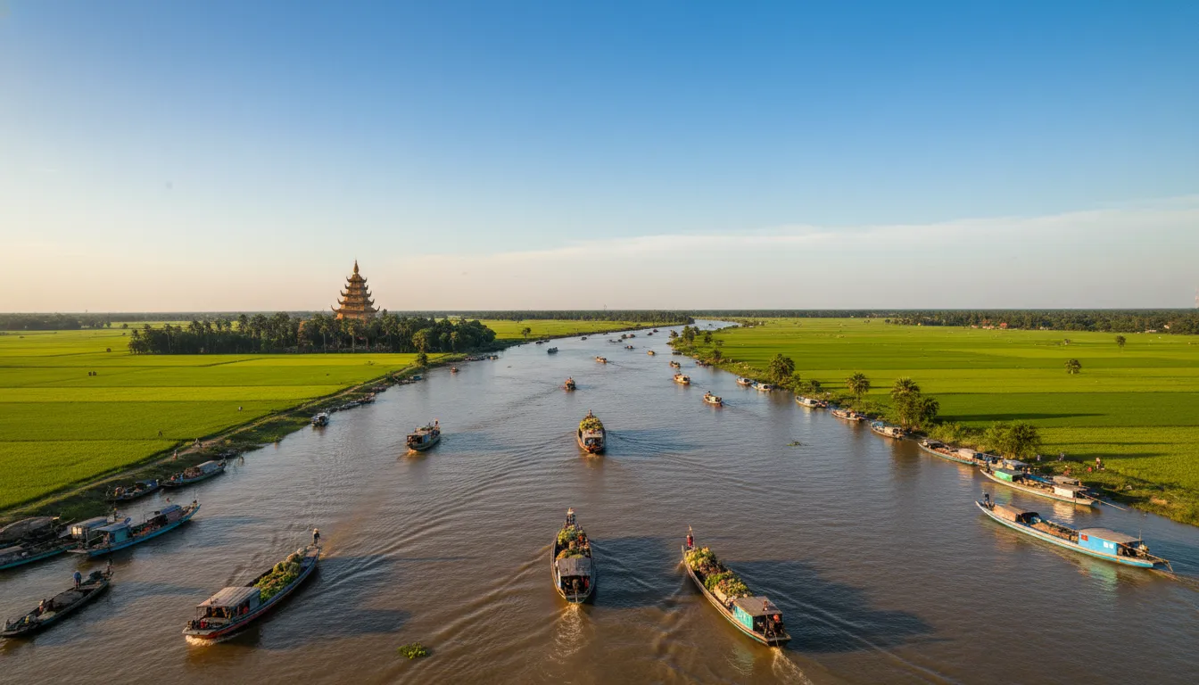Image: A panoramic view of the Mekong Delta, showing traditional wooden boats navigating a wide river, lush green rice paddies stretching to the horizon, and a distant, elegant Buddhist pagoda under a clear blue sky.