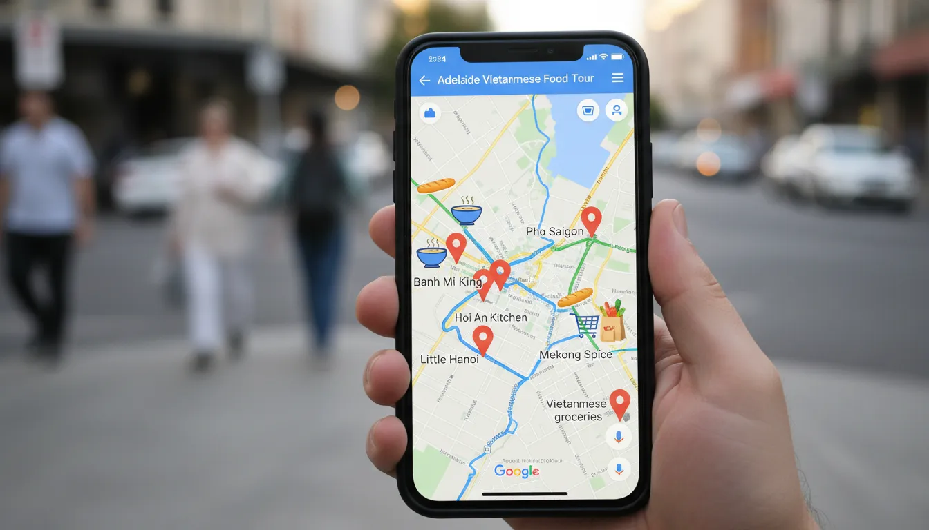 Image: A smartphone screen displaying a Google Maps interface with multiple pins marking various Vietnamese restaurants in Adelaide