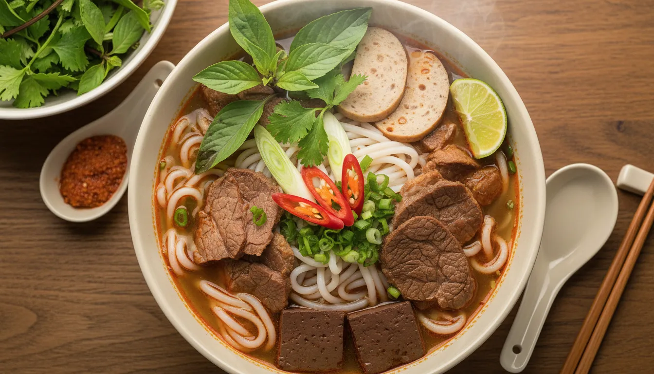 Image: A close-up, top-down shot of a beautifully presented bowl of Vietnamese Bún bò Huế, steaming gently, with vibrant colors from the broth, noodles, herbs, and various meat components, on a rustic wooden table.