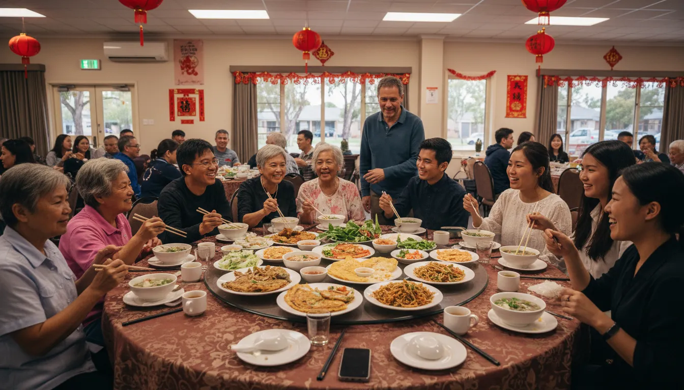 Image: An intergenerational group of Vietnamese-Australians sharing a lively meal in a community setting in Adelaide, perhaps at a large round table. Older members are seen conversing with younger ones, all enjoying traditional dishes, with an atmosphere of warmth and connection.